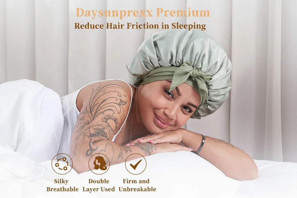 Daysunprexx Premium Silk Satin Sleep Bonnet – Hair Cap for Curly & Natural Hair, Anti-Frizz, Stay-On Night Bonnet for Women & Men – Green