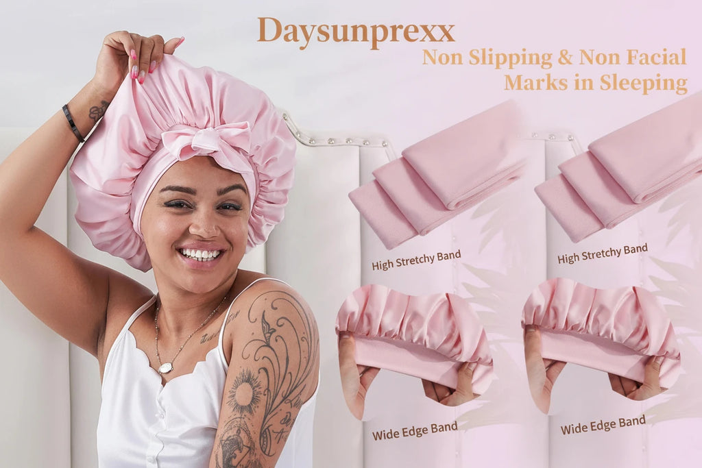 Daysunprexx Silk Satin Hair Bonnet for Sleeping – Curly, Wavy, Natural Hair Protection, Anti Breakage & Anti Frizz Night Cap for Women Men – Pink
